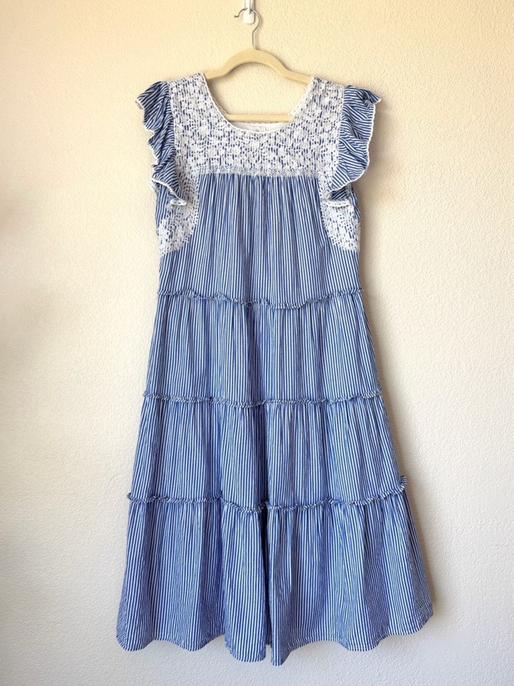 J Marie Coco Midi Dress Blue Stripe Embroidered Smocked Tiered Size S